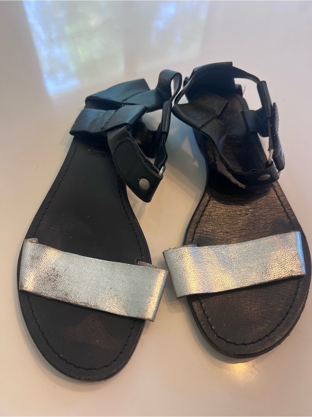 Sol Sana Leather Ankle Strap Black Sandals with Metallic Silver Toe Strap